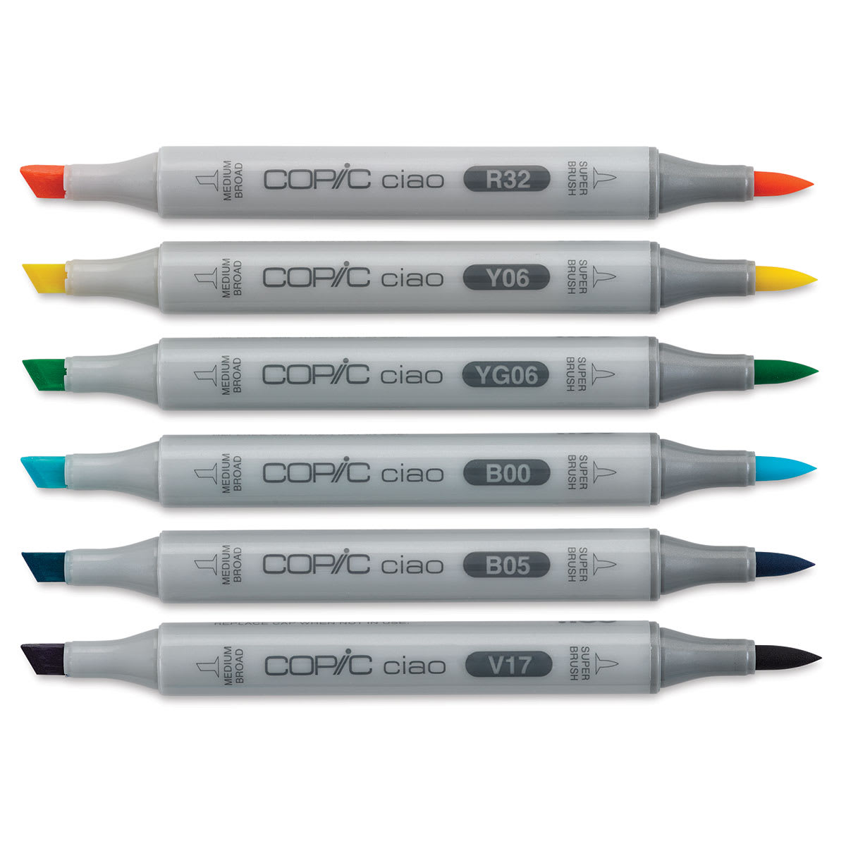 Copic Ciao Double Ended Marker Set - Bright Colors, Set of 6 (set contents with caps off)