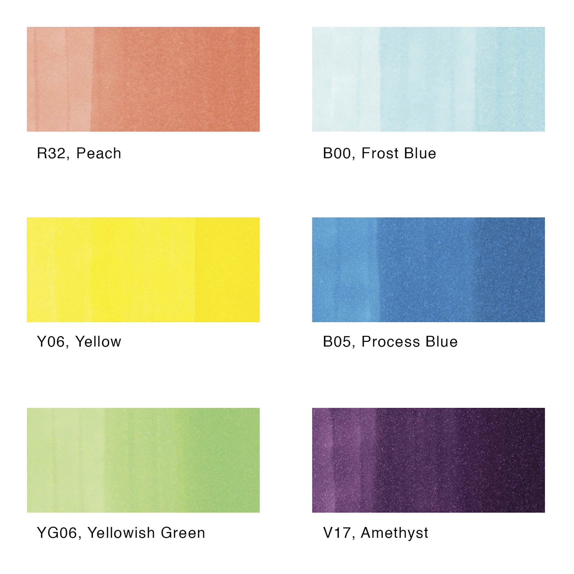 Copic Ciao Double Ended Marker Set - Bright Colors, Set of 6, color swatches