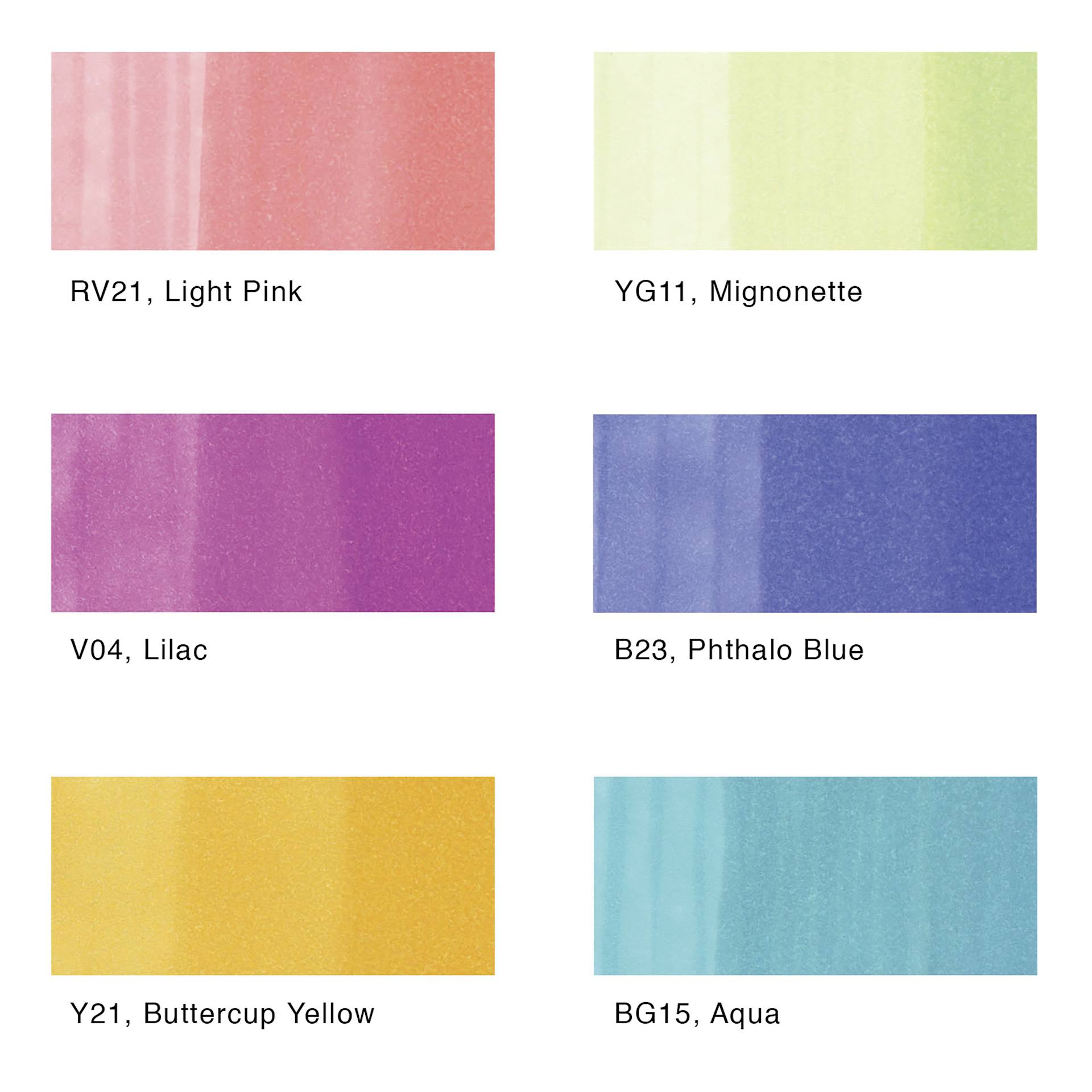 Copic Ciao Double Ended Marker Set - Pastel Colors, Set of 6, color swatches