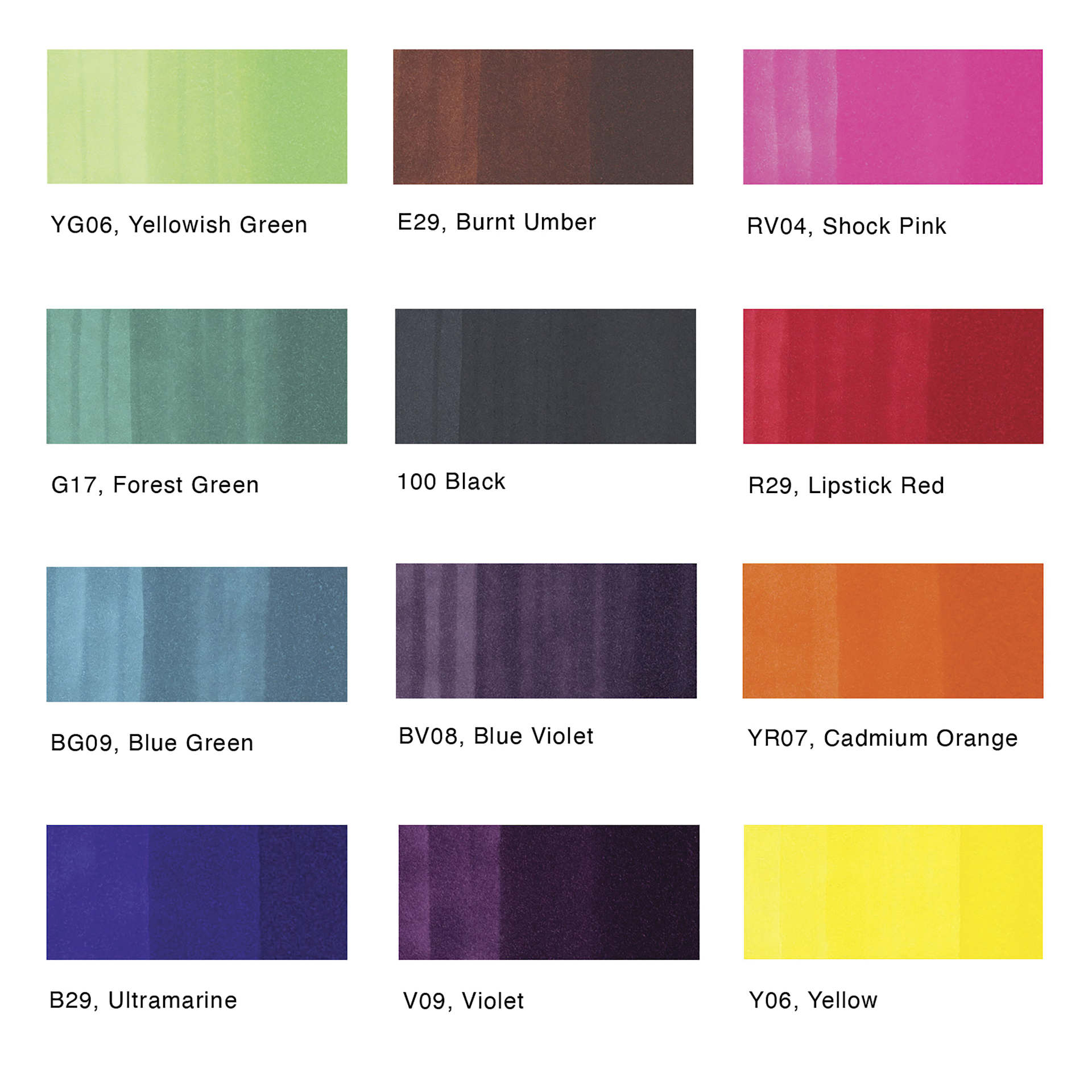 Copic Ciao Double Ended Markers - Basic Colors, Set of 12, color swatches