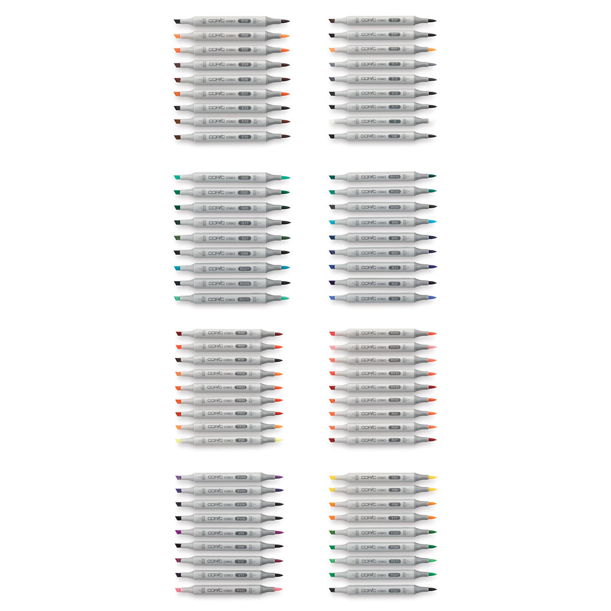 Copic Ciao Double Ended Marker Set - Set A, Set of 72 (set contents with caps off)