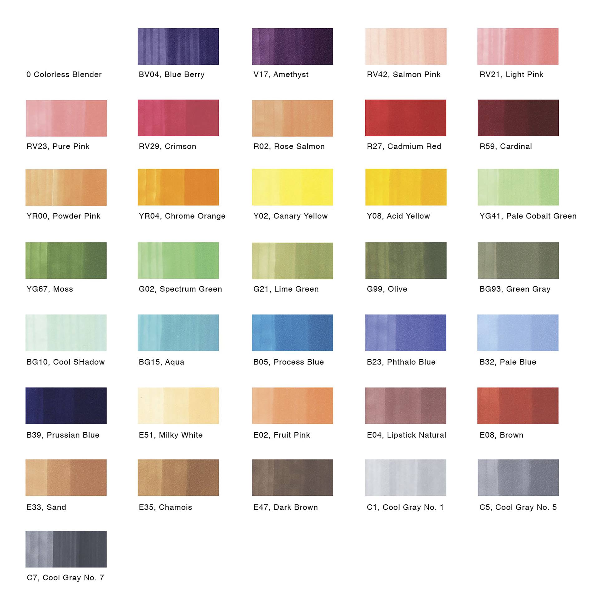 Copic Ciao Double Ended Marker Set - Set B, Set of 36, color chart