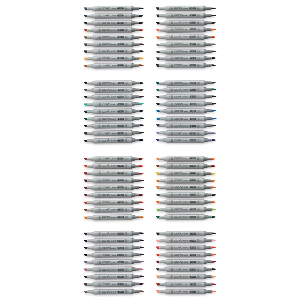 Copic Ciao Double Ended Marker Set - Set B, Set of 72 (set contents with caps off)