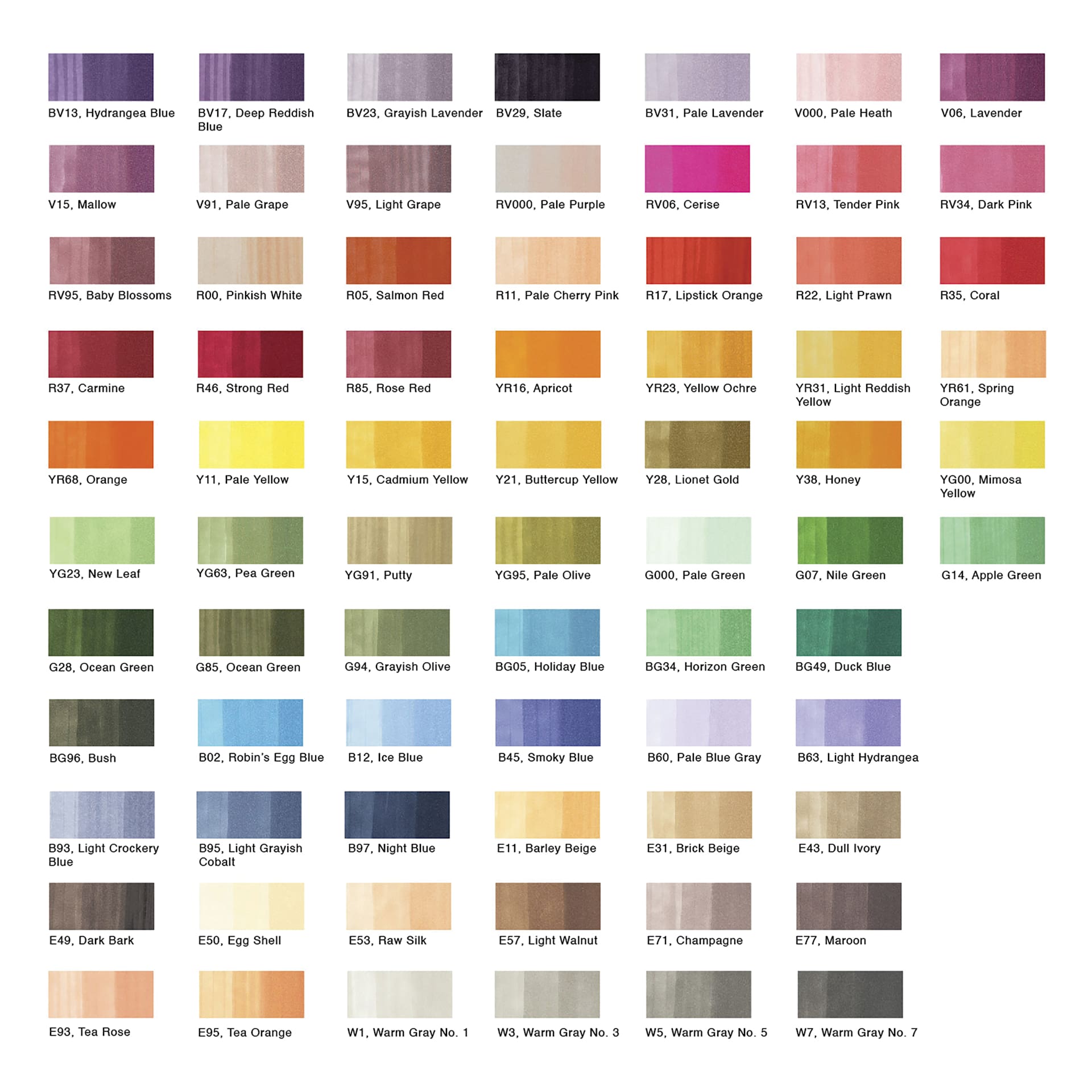 Copic Ciao Double Ended Marker Set - Set B, Set of 72, color chart