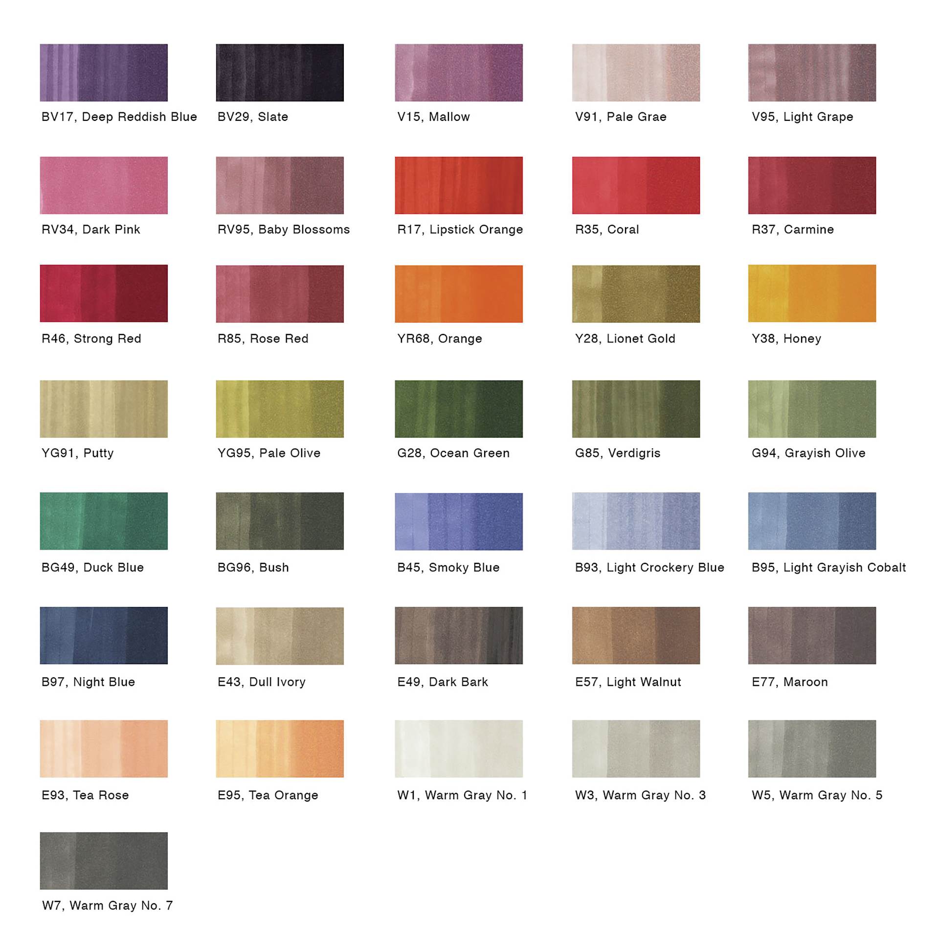Copic Ciao Double Ended Marker Set - Set D, Set of 36, color chart