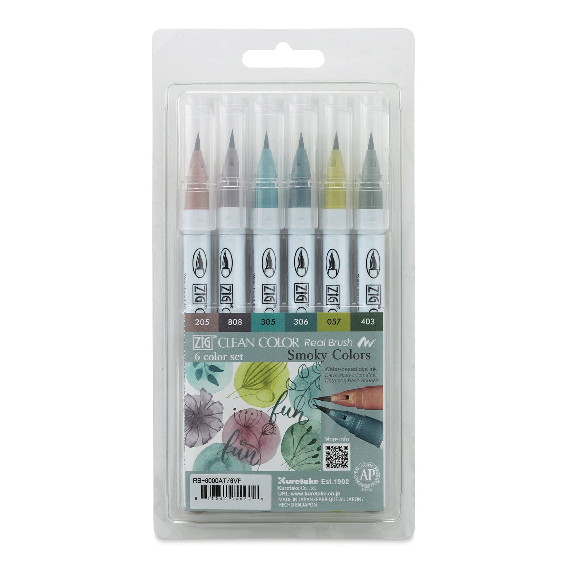 Kuretake Zig Clean Color Real Brush Pens - Smokey Colors, Set of 6 (front of package)