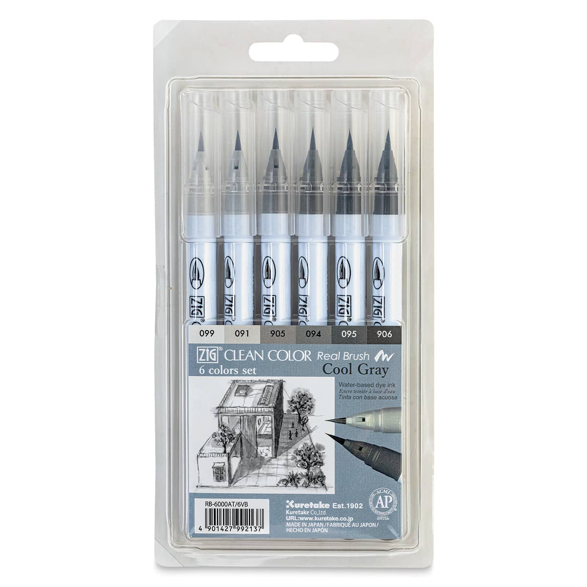 Kuretake Zig Clean Color Real Brush Pens - Front of package of Cool Grey Set of 6 shown