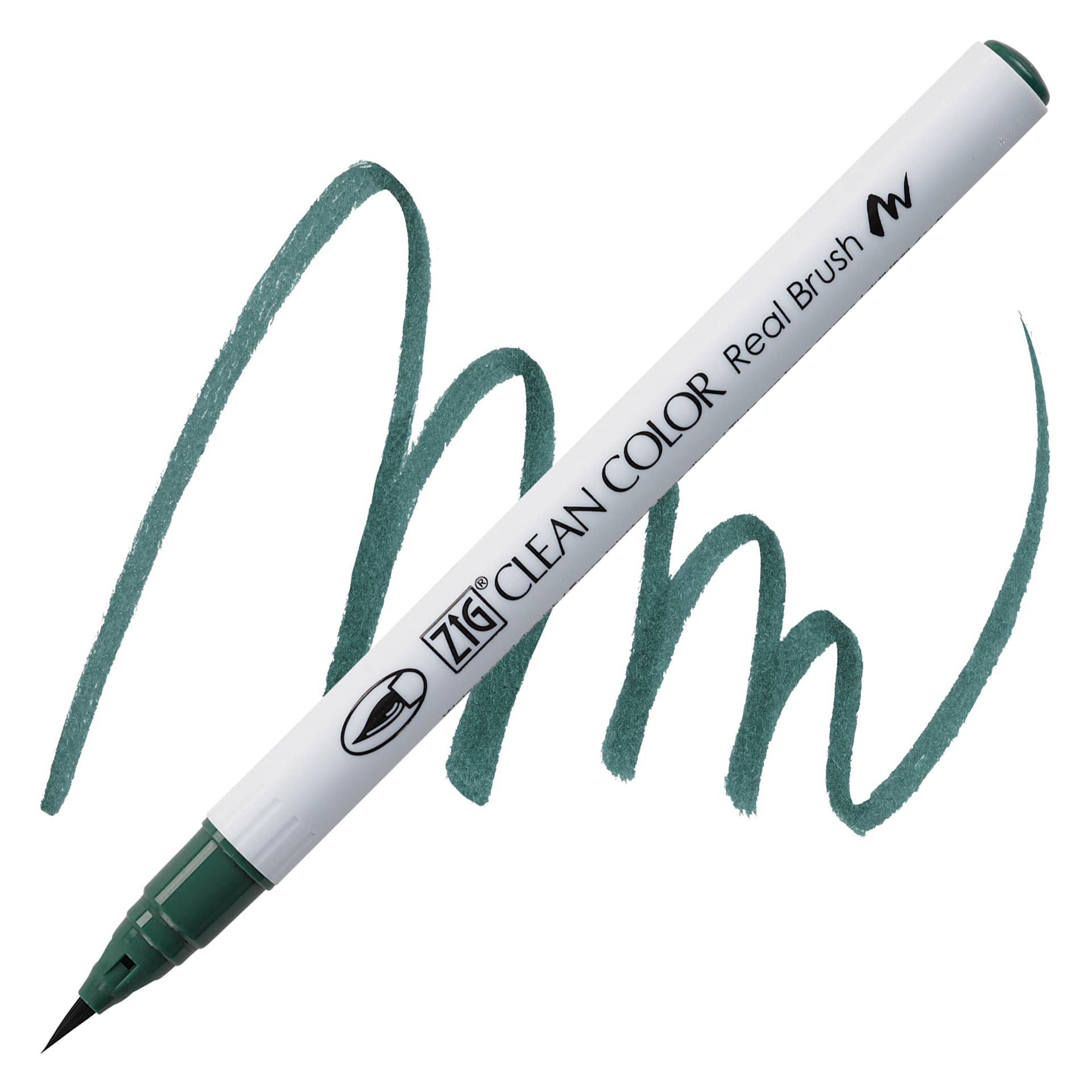 Kuretake Zig Clean Color Real Brush Pen - Dark Green pen and swatch