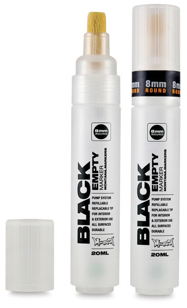 Montana Black Empty Markers - 2 Empty 8mm Round tip markers, one with cap removed