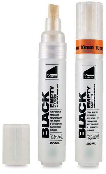 Montana Black Empty Markers - 2 Empty 10 mm Chisel tip markers, one with cap removed