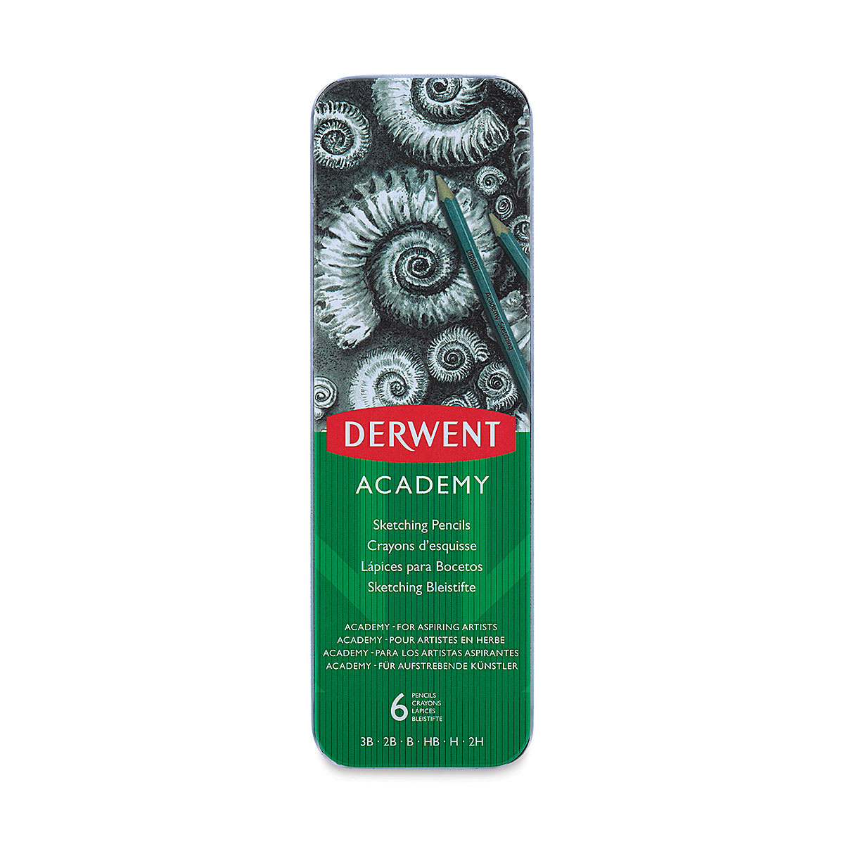 Derwent Academy Sketching Pencil Set - Front of Tin Package for 6 Pc Set 
