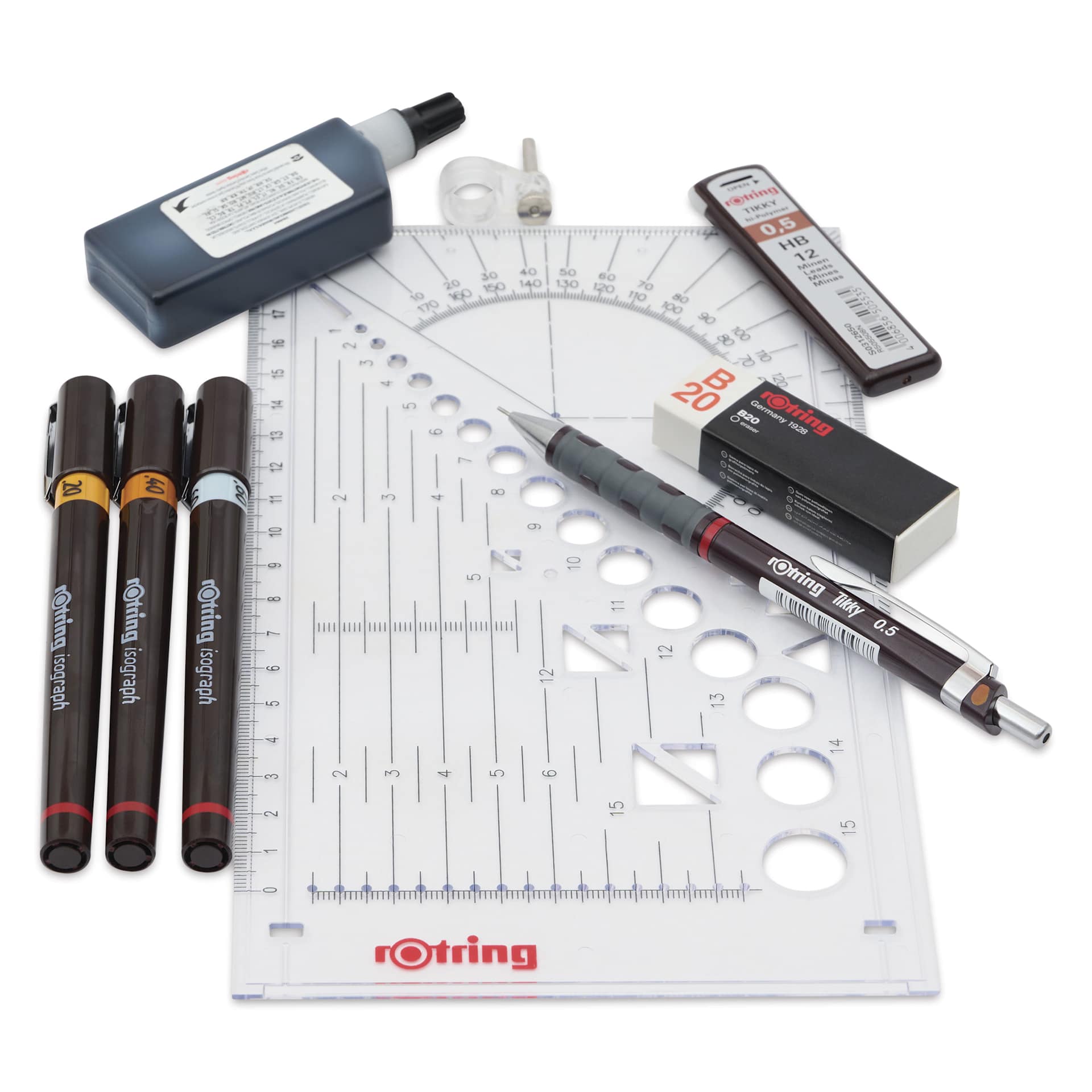 Rotring Isograph Technical Pens - 0.2 mm, 0.4 mm, 0.6 mm, Set of 3, contents laid out