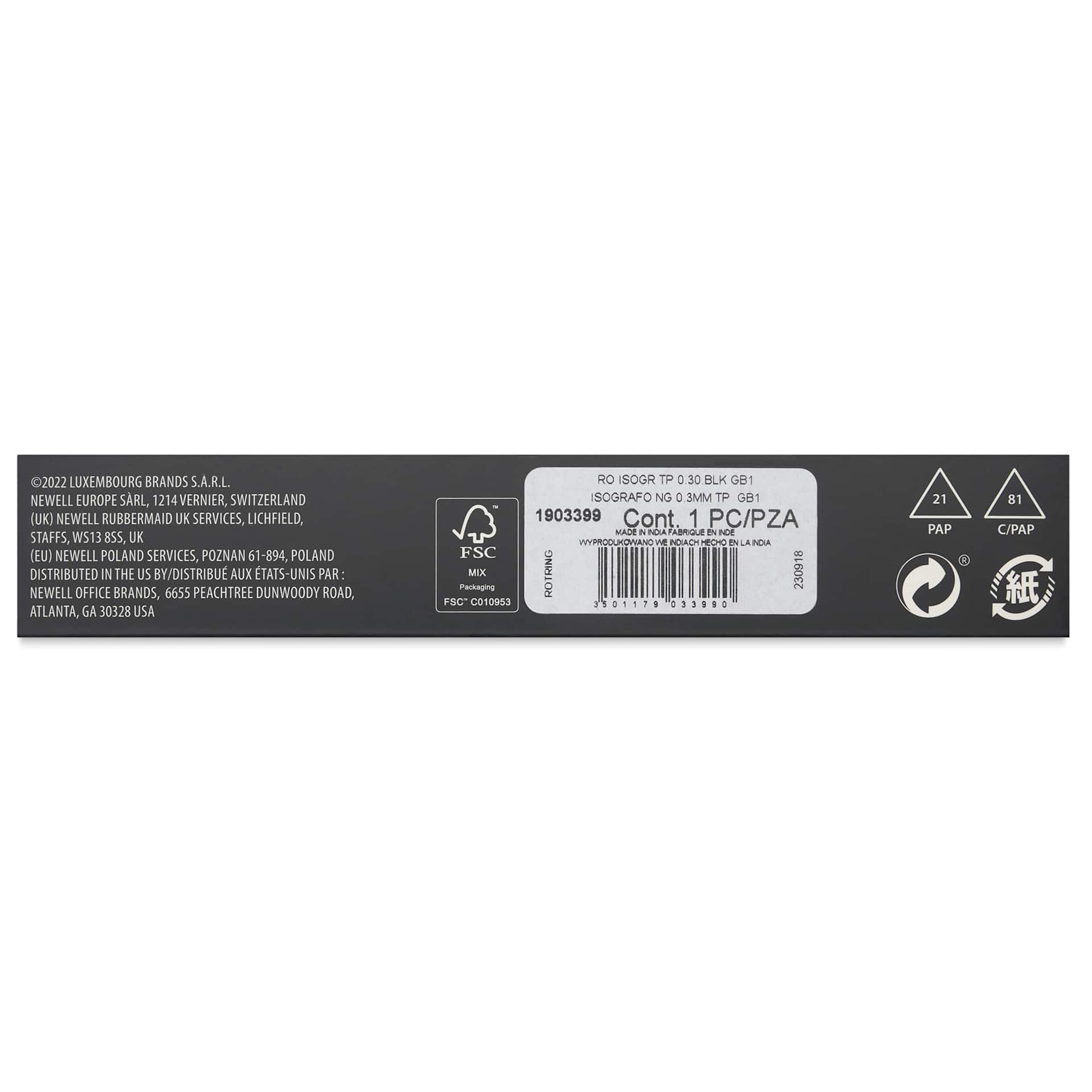 Rotring Isograph Technical Pen - Black, 0.3 mm, back of the packaging