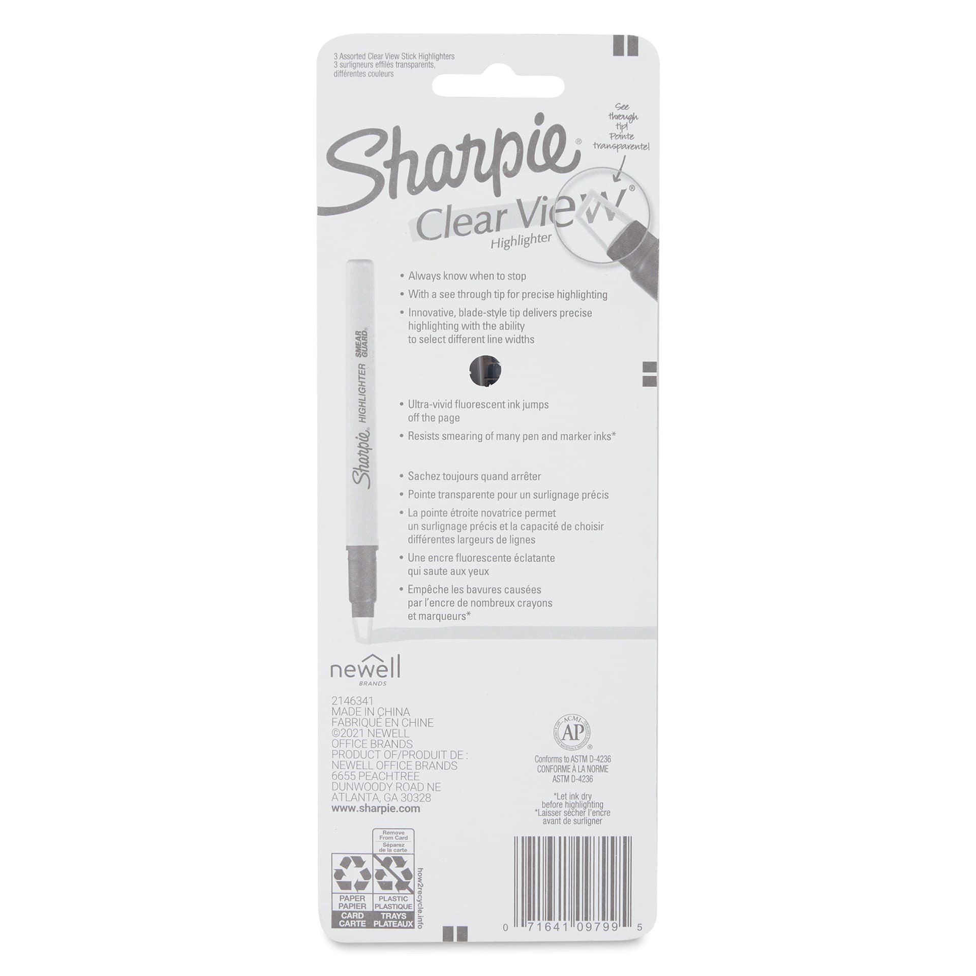Sharpie Clear View Highlighters - Set of 3, Stick Style, back of the packaging
