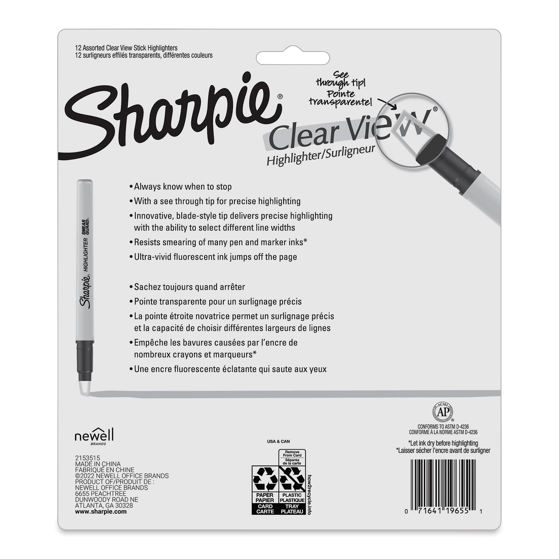 Sharpie Clear View Highlighters - Set of 12, Assorted Colors, Stick Style, back of packaging