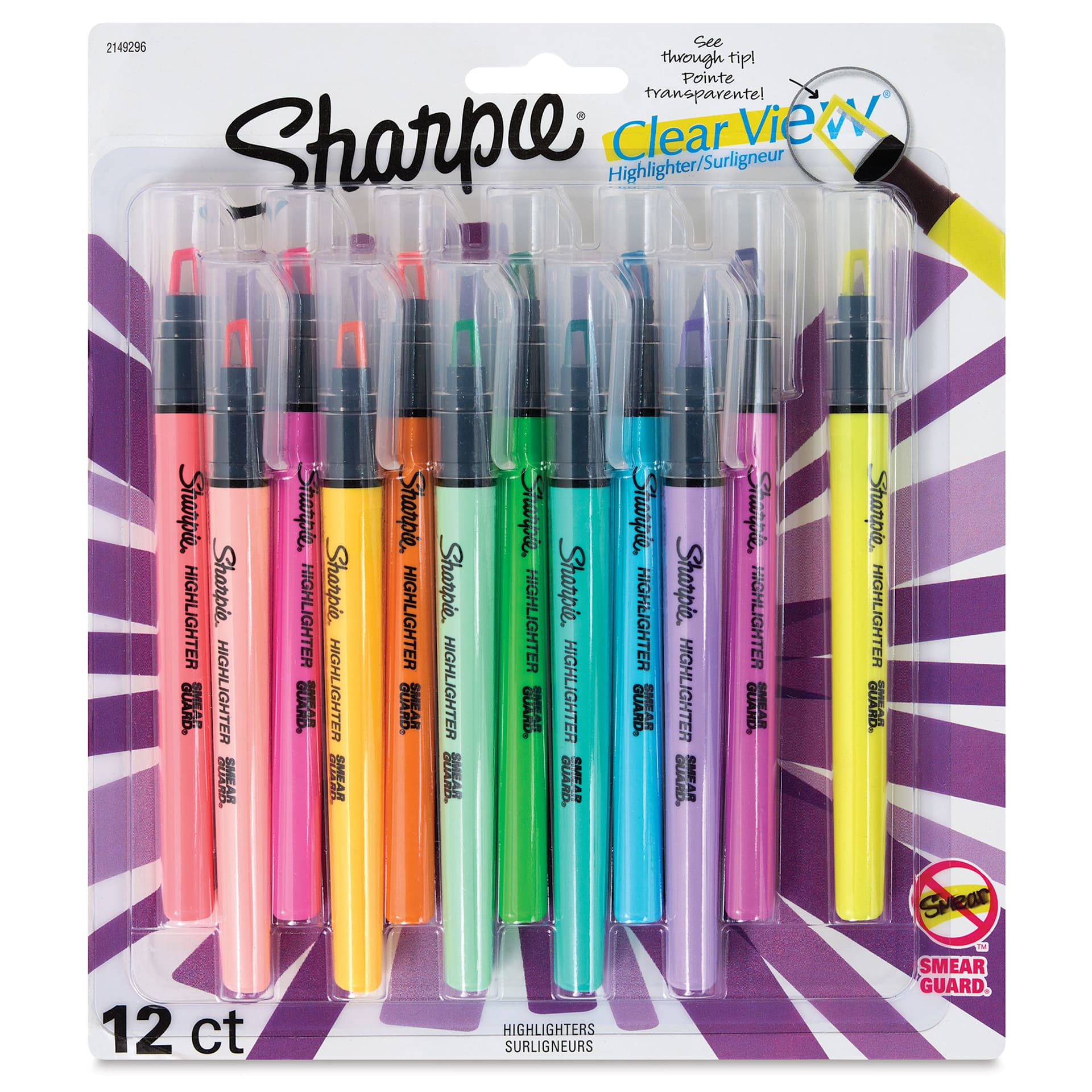 Sharpie Clear View Highlighters - Set of 12, Assorted Colors, Stick Style, front of packaging