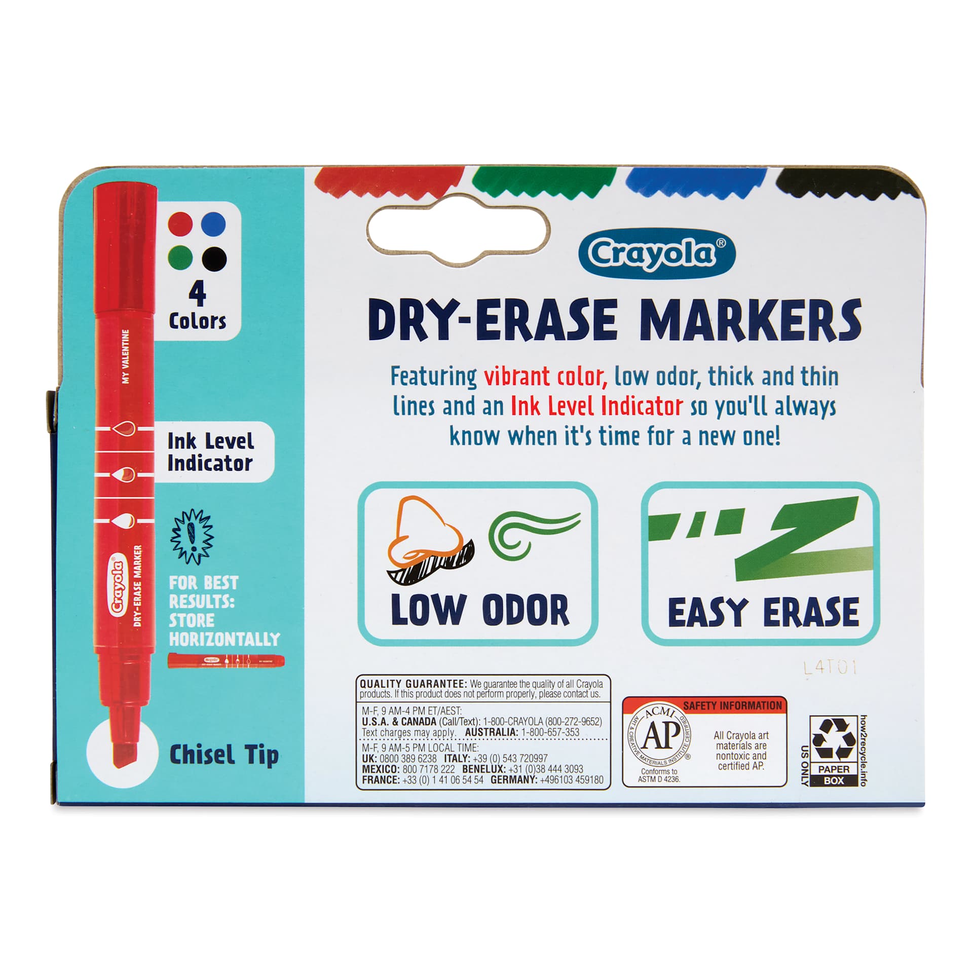 Crayola Dry-Erase Markers - Assorted Colors, Chisel Tip, Set of 4, back of packaging