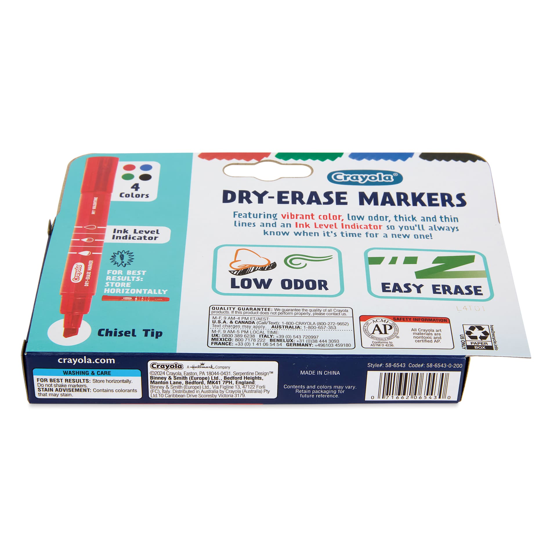 Crayola Dry-Erase Markers - Assorted Colors, Chisel Tip, Set of 4, packaging laying flat