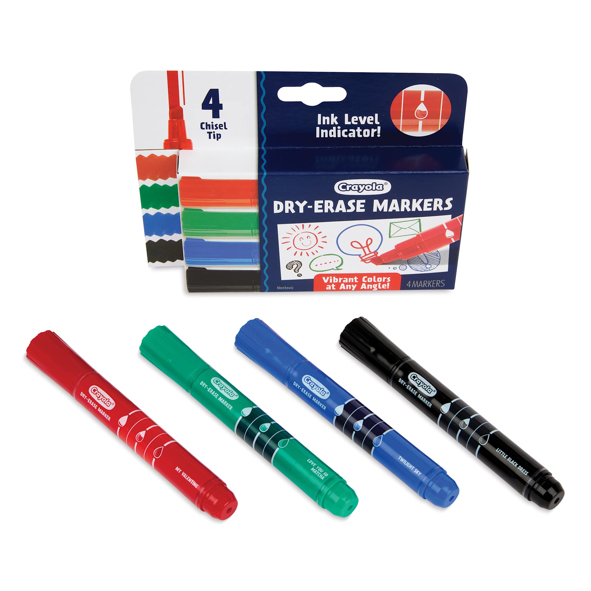 Crayola Dry-Erase Markers - Assorted Colors, Chisel Tip, Set of 4, contents and packaging