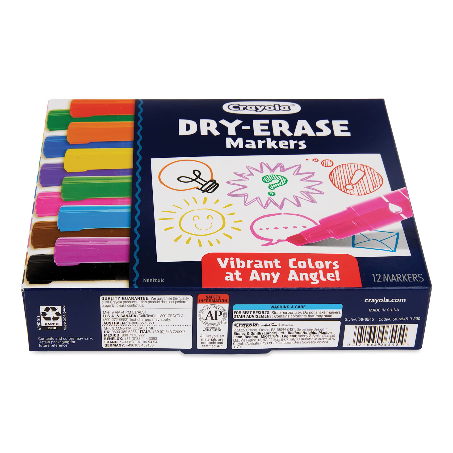 Crayola Dry-Erase Markers - Assorted Colors, Chisel Tip, Set of 12, packaging laying flat