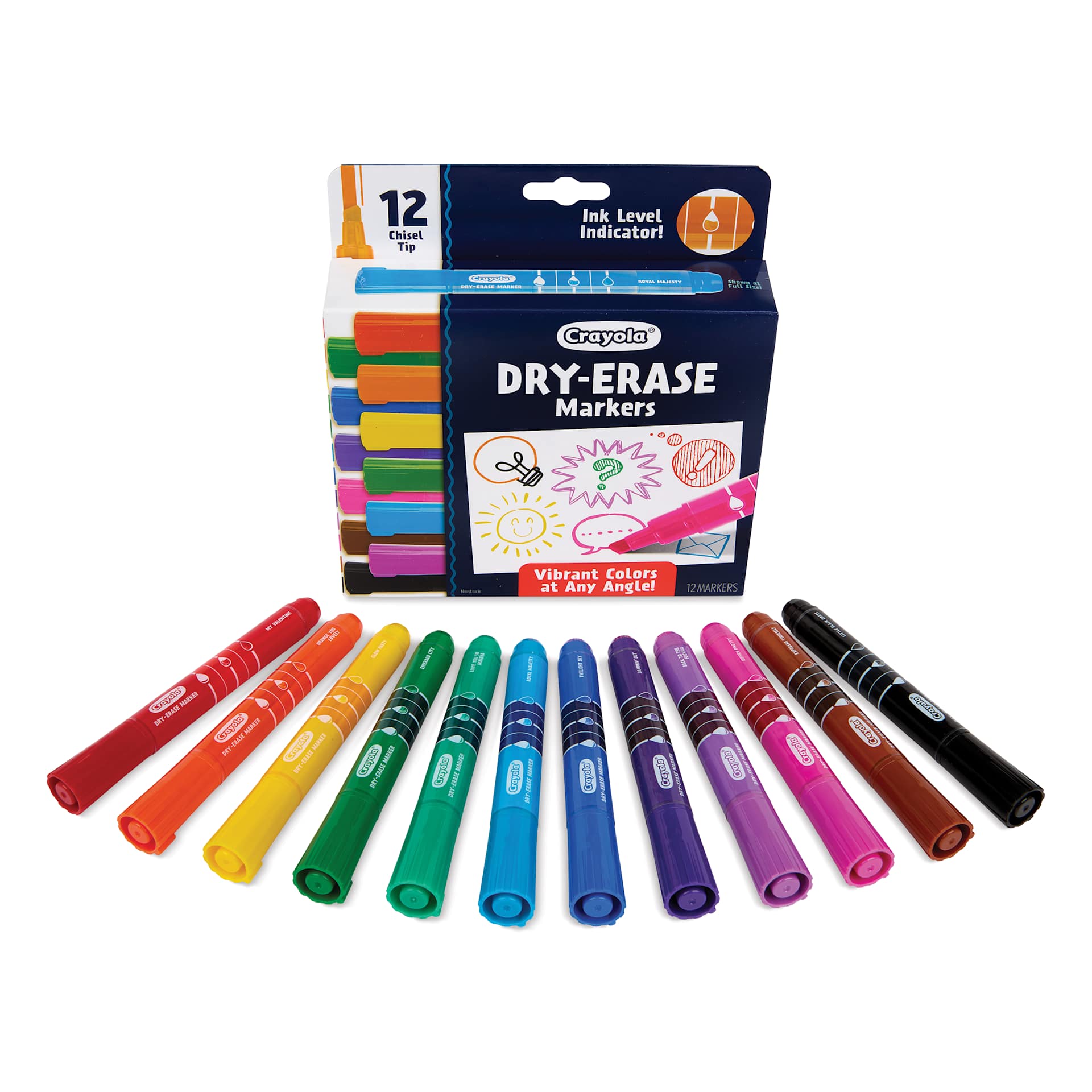 Crayola Dry-Erase Markers - Assorted Colors, Chisel Tip, Set of 12, contents and packaging