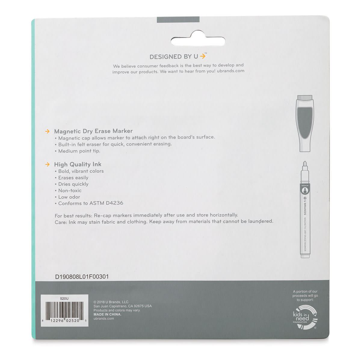 U Brands Magnetic Dry Erase Markers - Back of package of 6 Medium Tip Markers