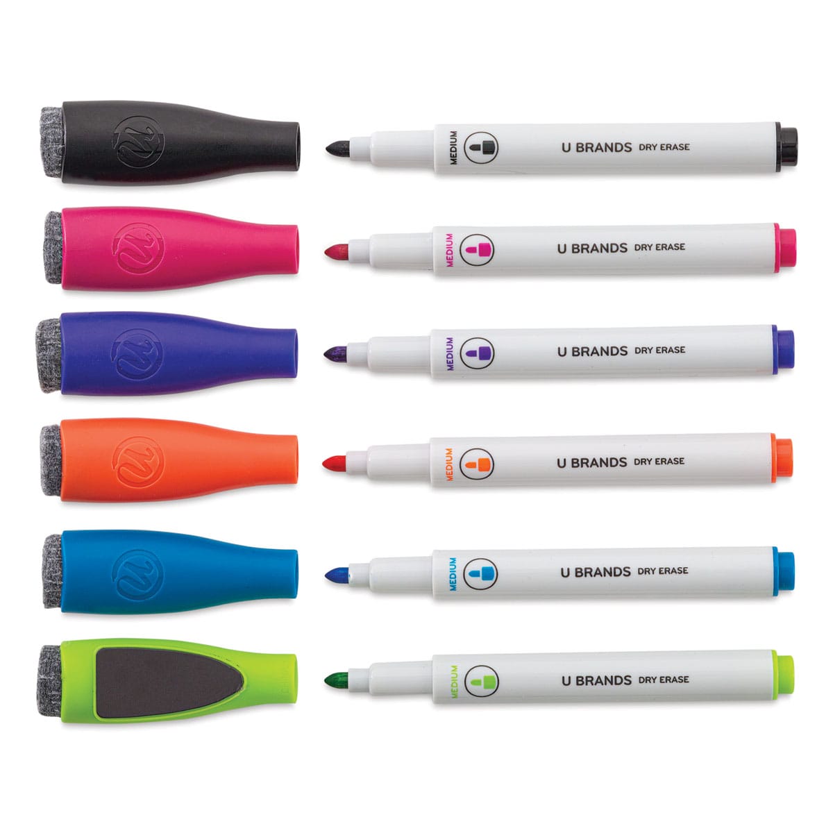 U Brands Magnetic Dry Erase Markers - 6 Assorted Color Markers uncapped with Eraser Caps adjacent