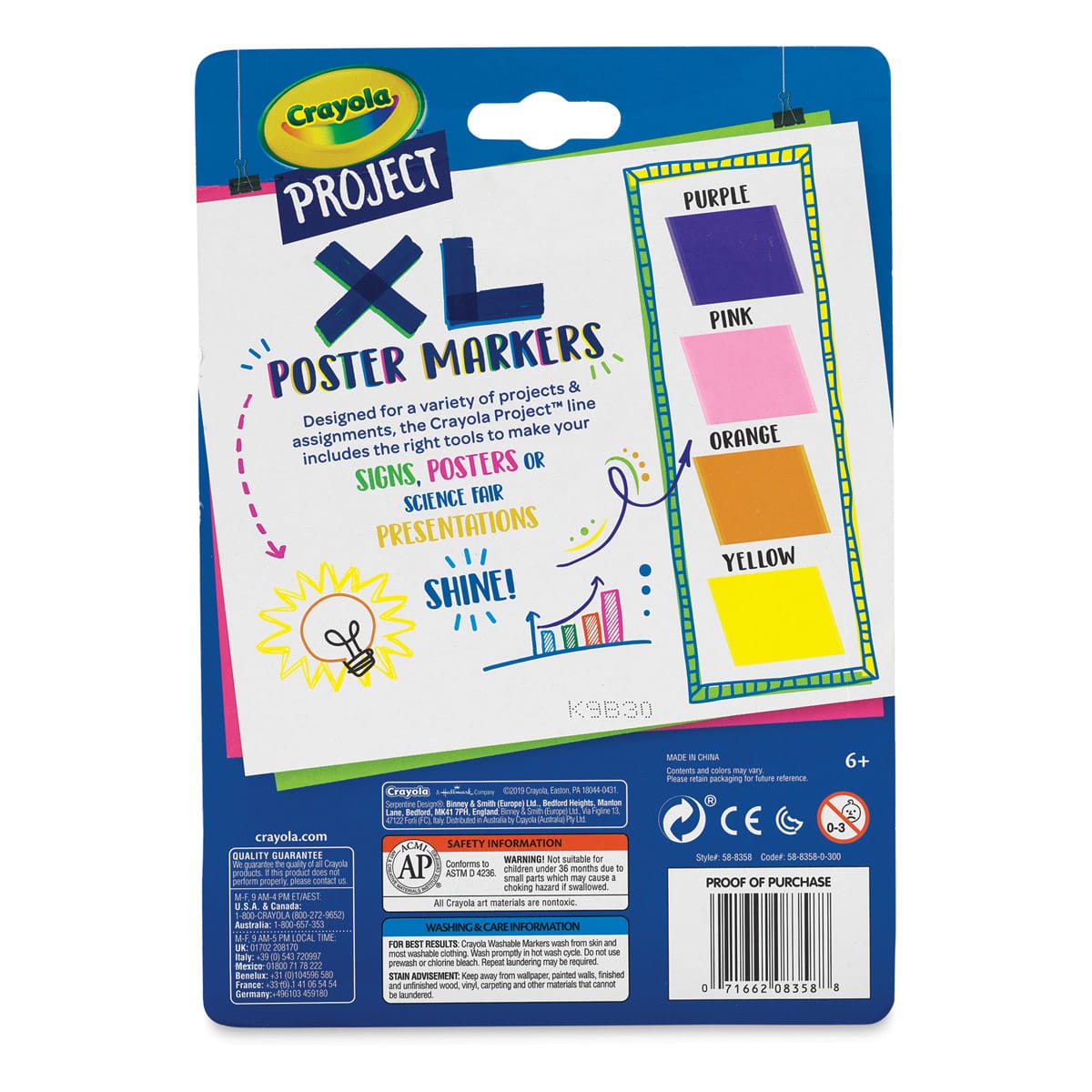 Crayola Project XL Poster Markers - Set of 4, Bright Colors (back of package)