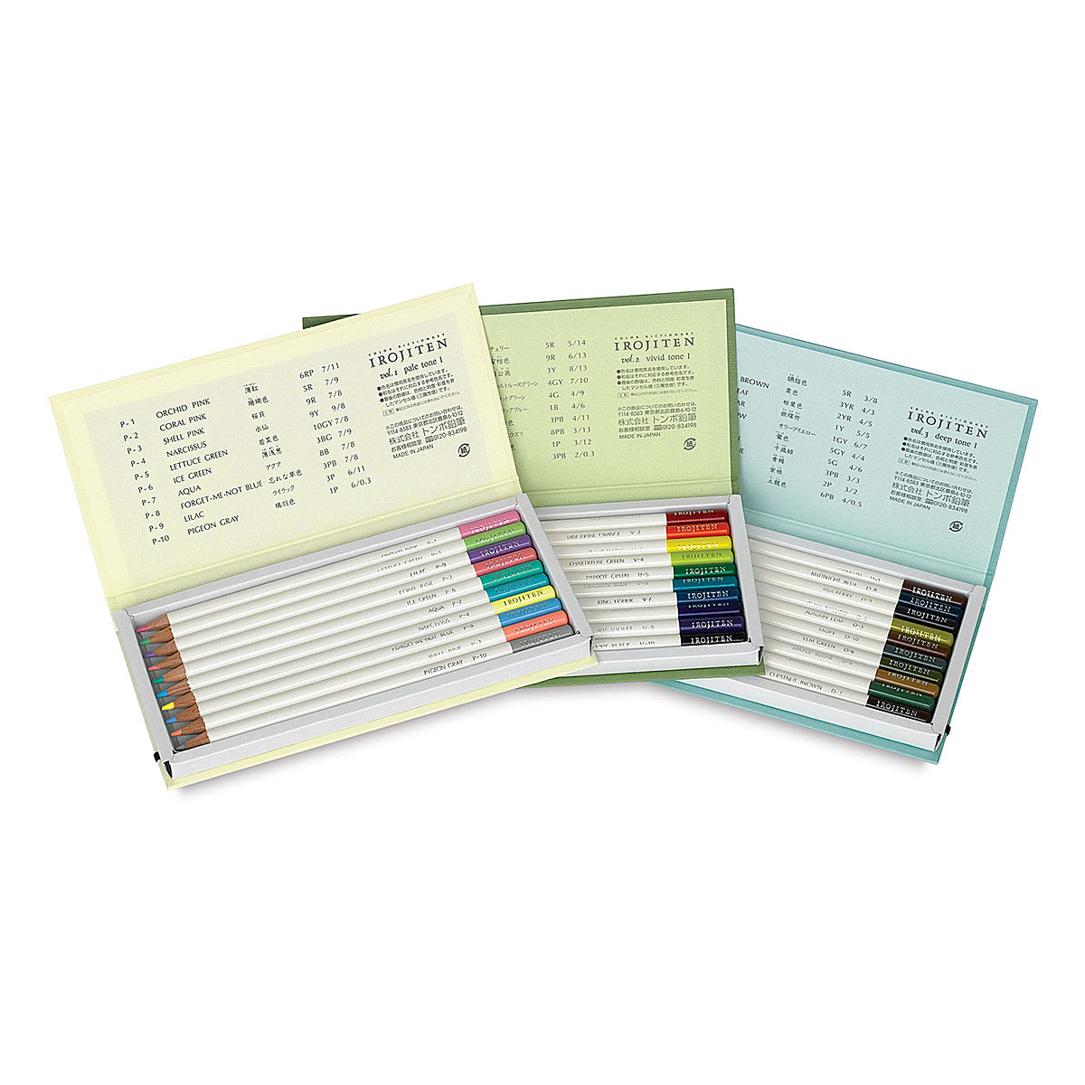 Irojiten Color Pencil Set - Rainforest, Set of 30, Volumes opened, showing contents.