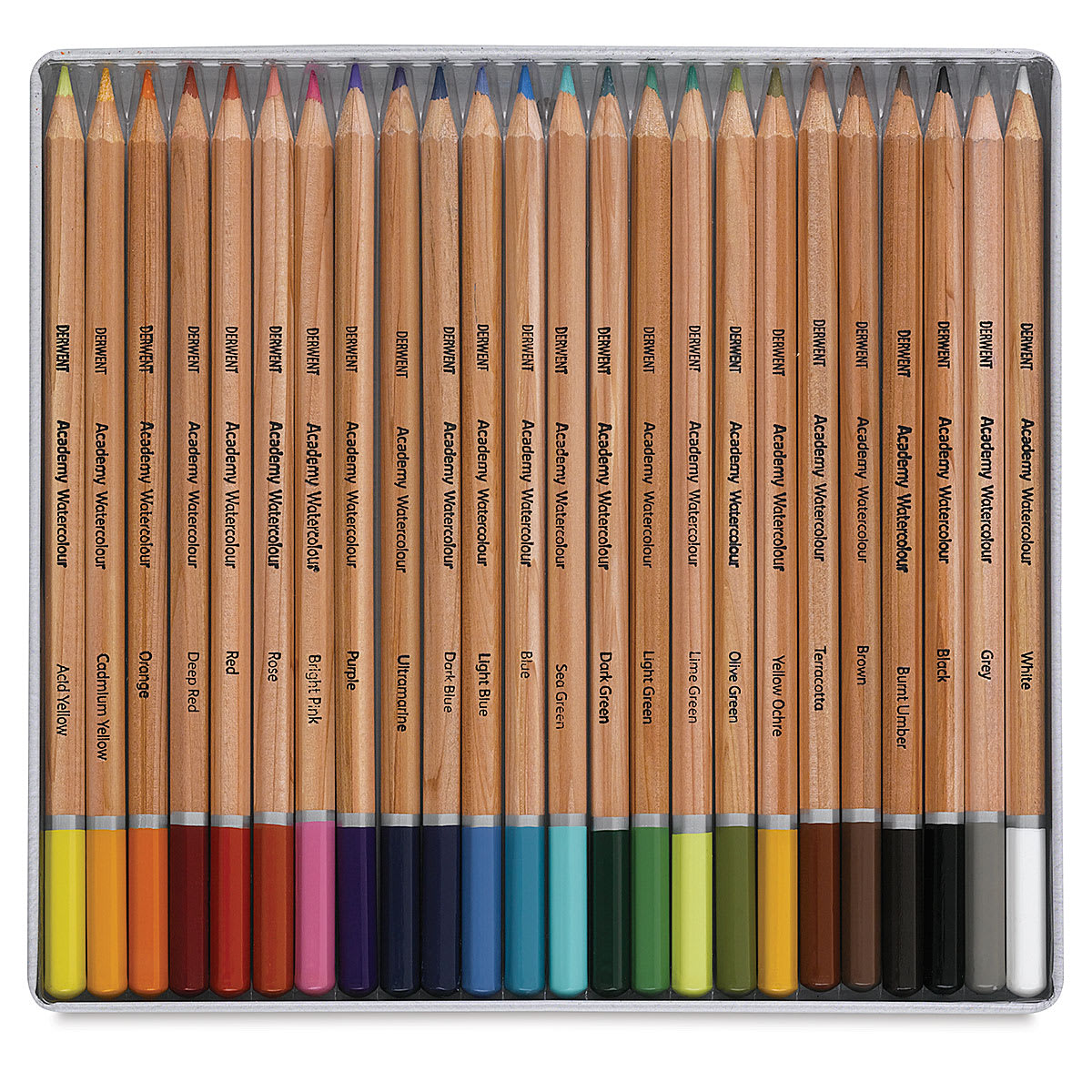 Derwent Academy Watercolor Pencils - Open package of set of 24 showing pencils in storage tray