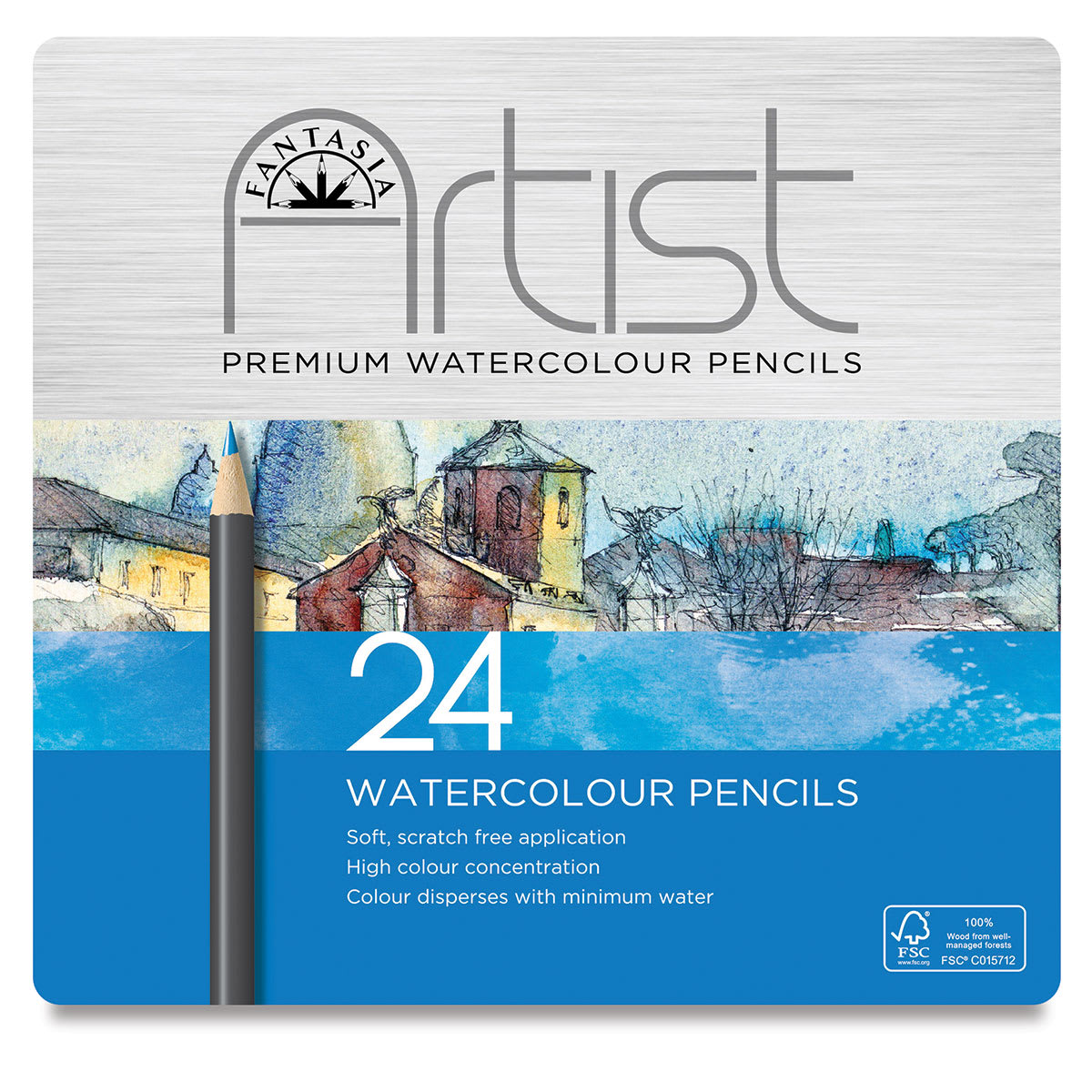 Fantasia Watercolor Pencils - Top view of tin of 24 Watercolor pencils