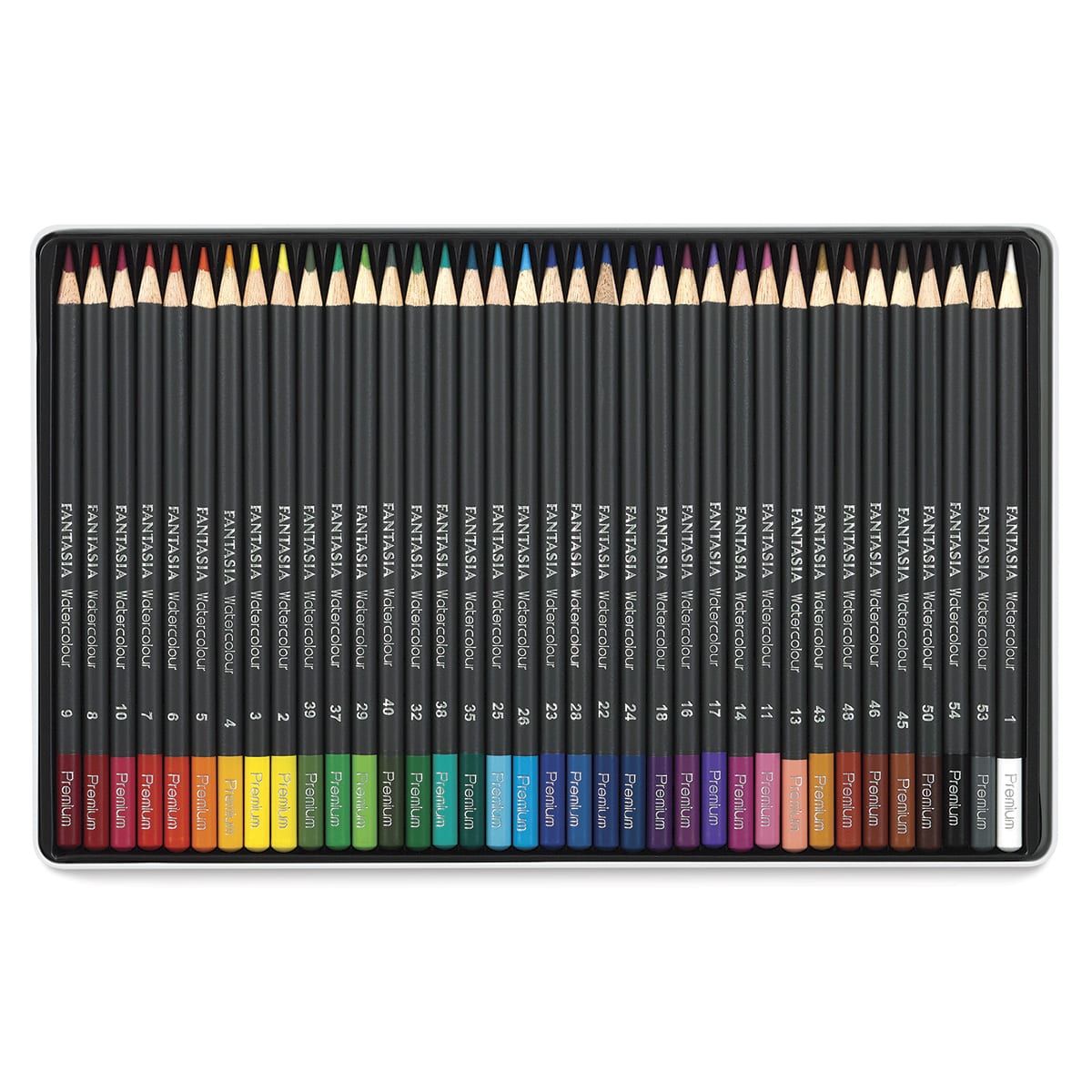 Fantasia Watercolor Pencils - 36 Watercolor pencils shown in open storage tray