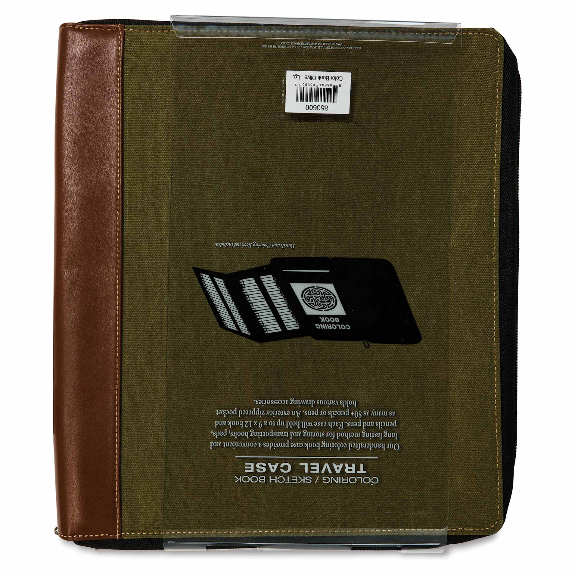 Speedball Sketchbook Travel Case - Olive Brown, Large, back of the packaging sleeve