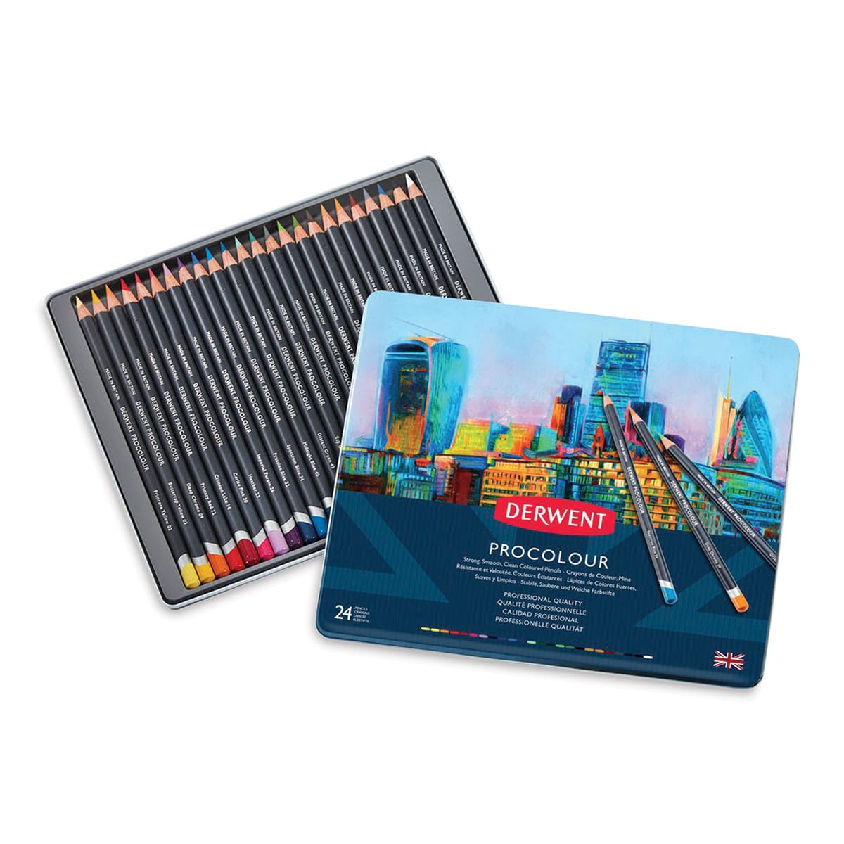 Derwent ProColour Colored Pencils - Set of 24, shown in opened tin container