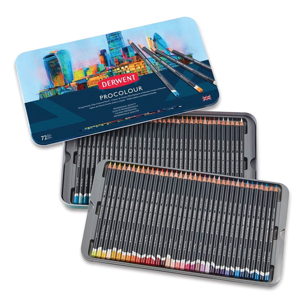 Derwent ProColour Colored Pencils - Set of 72, shown in two trays with tin container