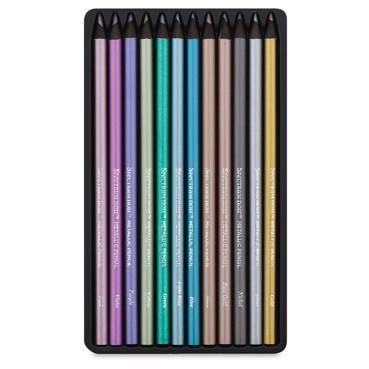 Spectrum Noir Metallic Colored Pencil Set - 12 Metallic pencils shown in open storage tin