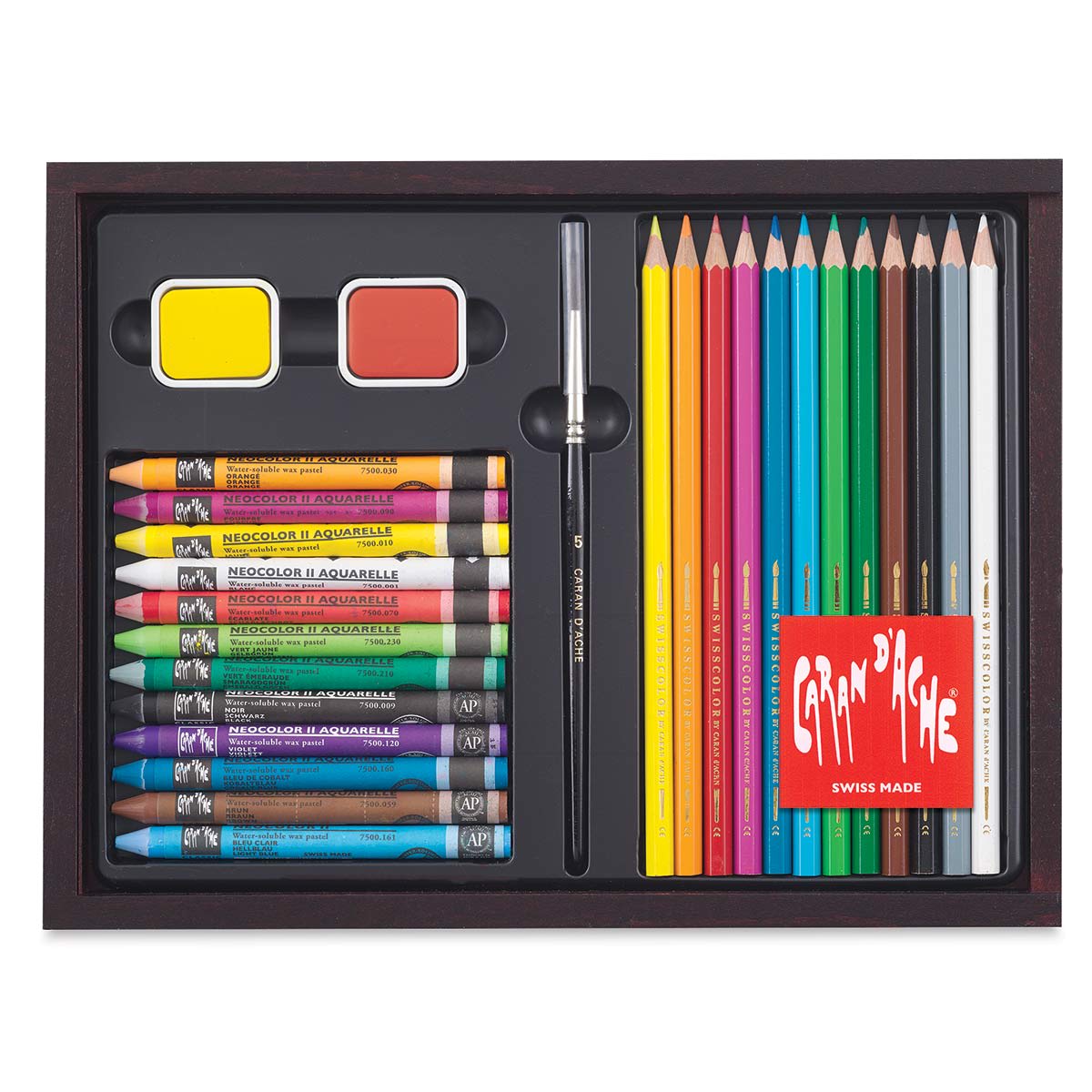 Caran d'Ache Discovery Mixed Media Set - Top view of contents in storage box
