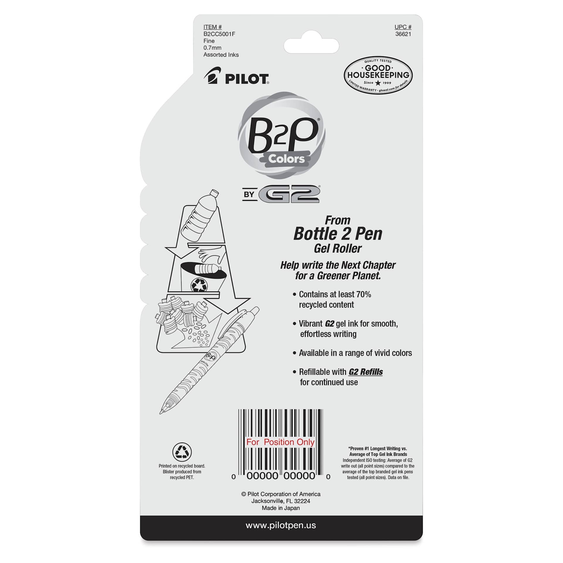 Pilot Begreen Bottle 2 Pen Rollerball Gel Pens - Assorted, Set of 5, back of the packaging