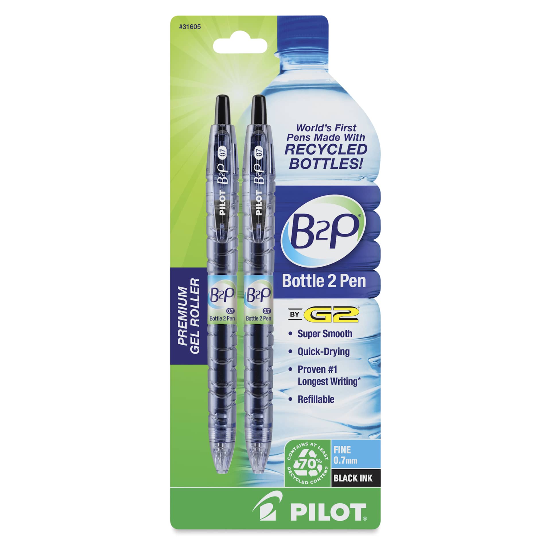 Pilot Begreen Bottle 2 Pen Rollerball Gel Pens - 0.7 mm, Black, Pkg of 2, in packaging