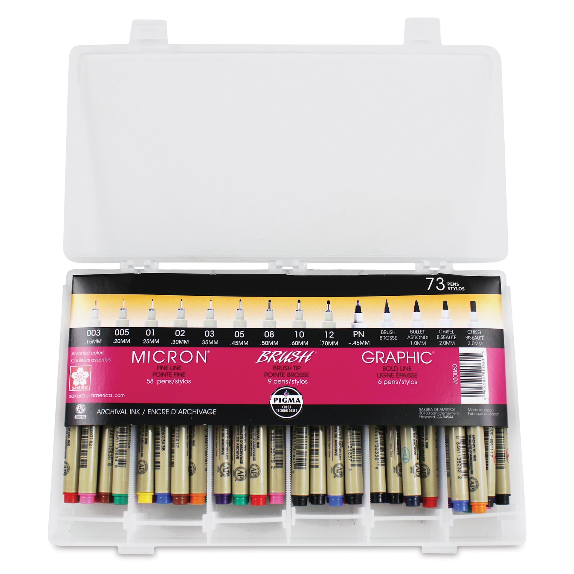 Sakura Pigma Micron, Brush and Graphic Markers - Set of 73, Assorted Colors, Assorted Sizes, back of packaging