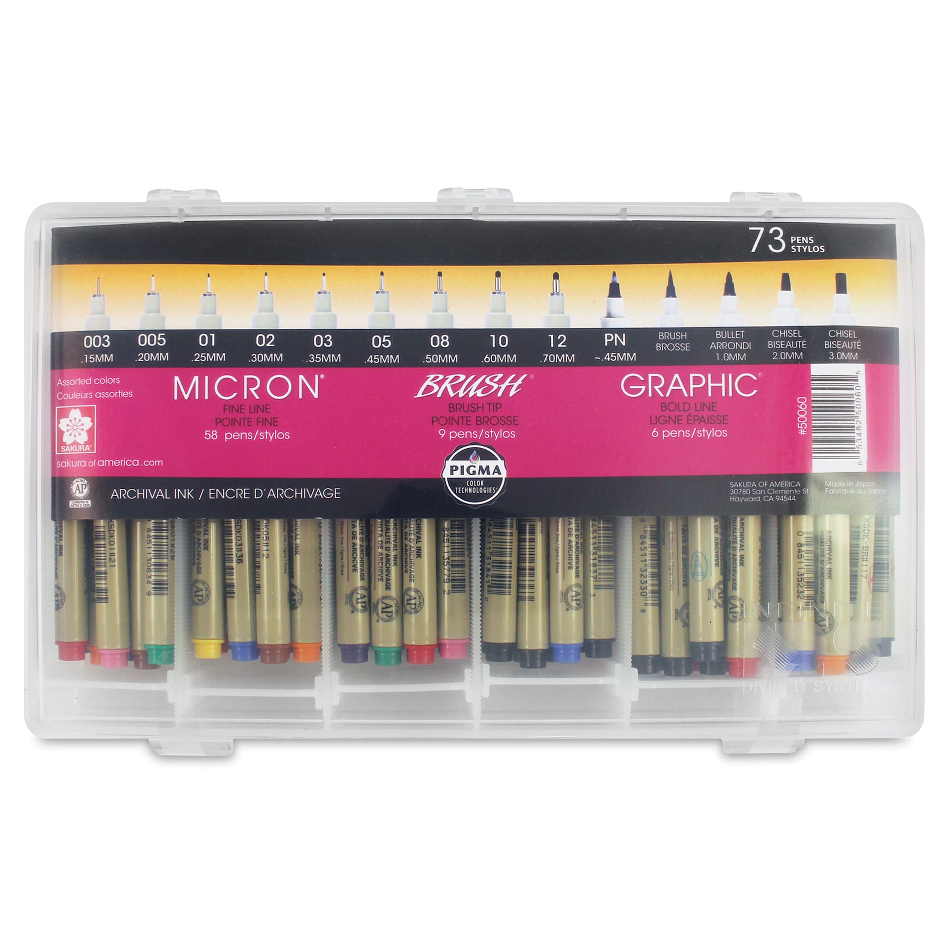 Sakura Pigma Micron, Brush and Graphic Markers - Set of 73, Assorted Colors, Assorted Sizes, front of packaging