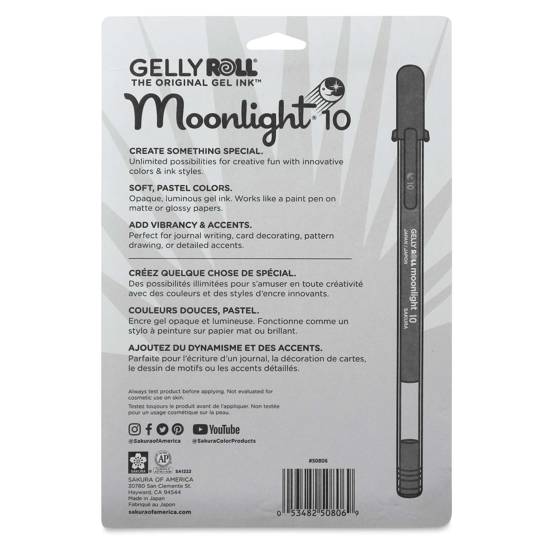 Sakura Gelly Roll Moonlight Pens - Pastel, Set of 10, Bold, back of packaging