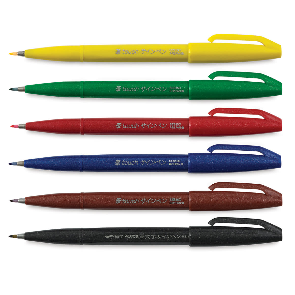 Pentel Arts Brush Tip Sign Pen - Set of 6 Primary Colors shown horizontally