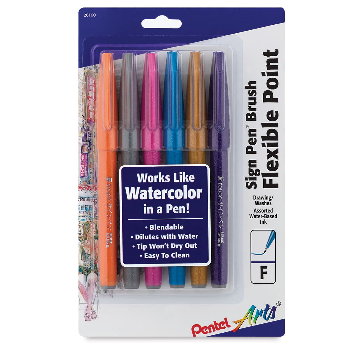 Pentel Arts Brush Tip Sign Pen - Front of package of Set of 6 Fashion Colors