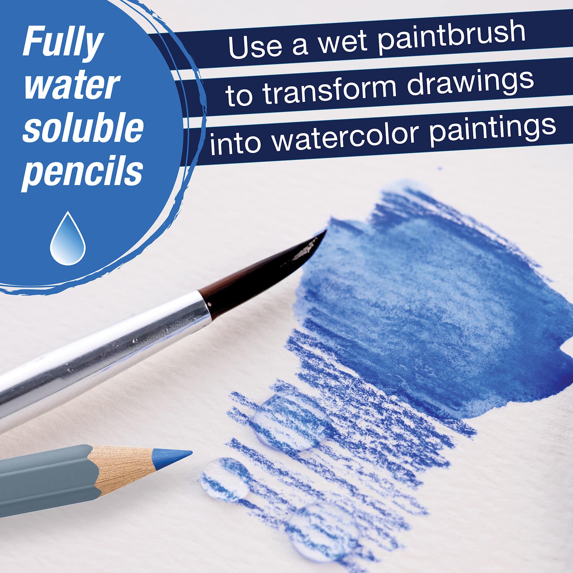 Fully water soluble pencils. Use a wet brush to transform drawings into watercolor paintings.