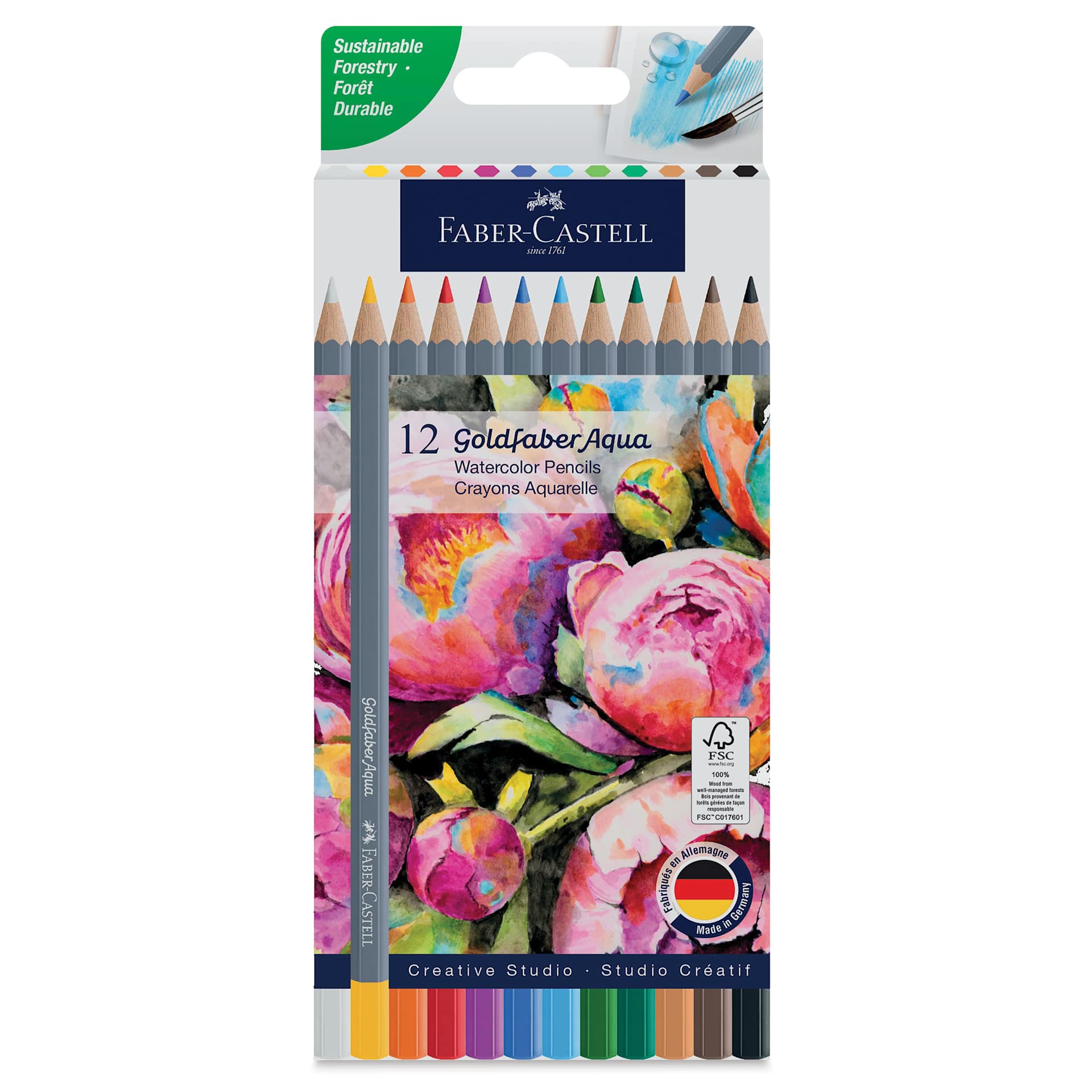 Faber Castell Goldfaber Aqua Watercolor Pencils - Set of 12, Assorted Colors, front of packaging