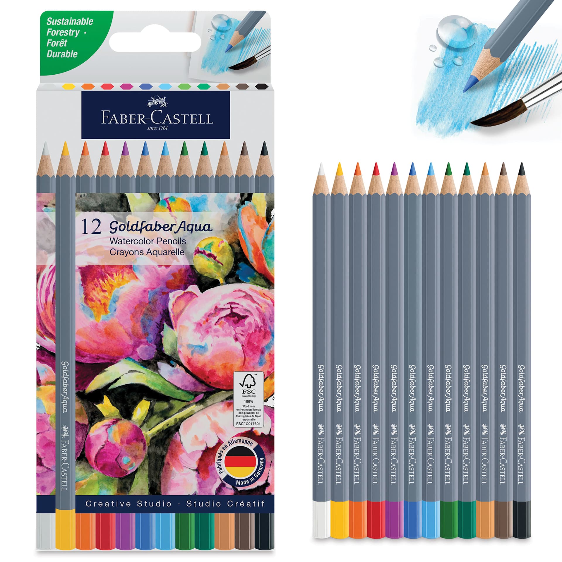 Faber Castell Goldfaber Aqua Watercolor Pencils - Set of 12, Assorted Colors, packaging with set contents