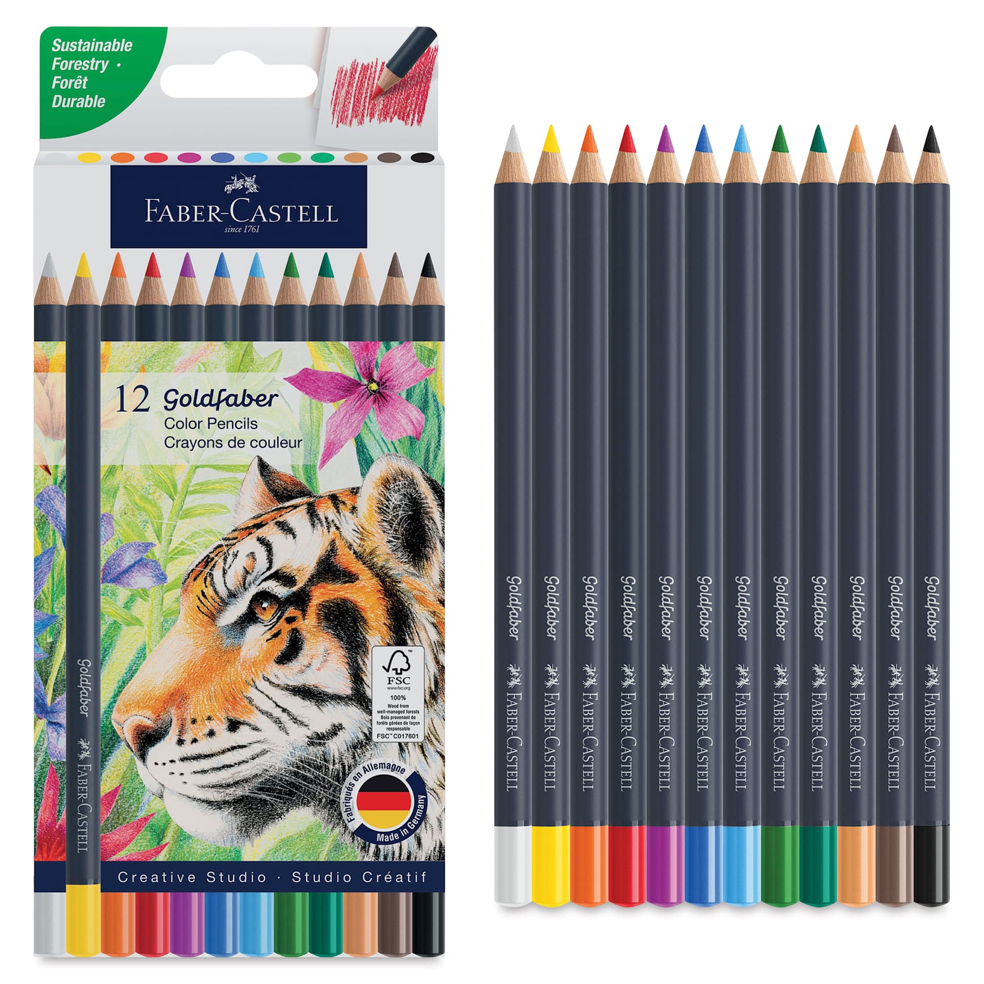 Faber-Castell Goldfaber Color Pencils - Set of 12, Assorted Colors, front of packaging and set contents