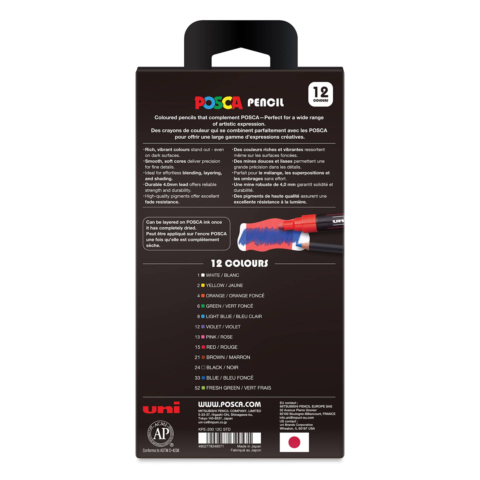 Posca Colored Pencils - Set of 12, Assorted Colors, back of packaging