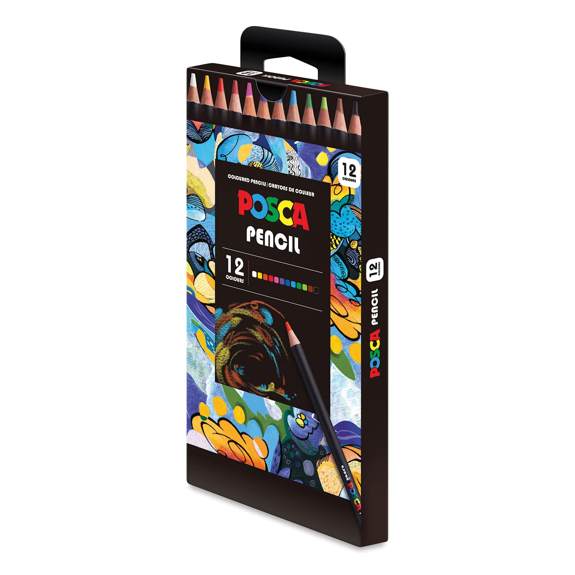 Posca Colored Pencils - Set of 12, Assorted Colors, angled view of packaging